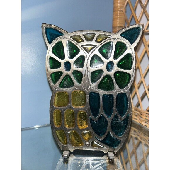 Vintage 6" Mosaic Stained Glass Brass Hoot Owl Votive Candle Holder MCM Boho - Picture 1 of 2